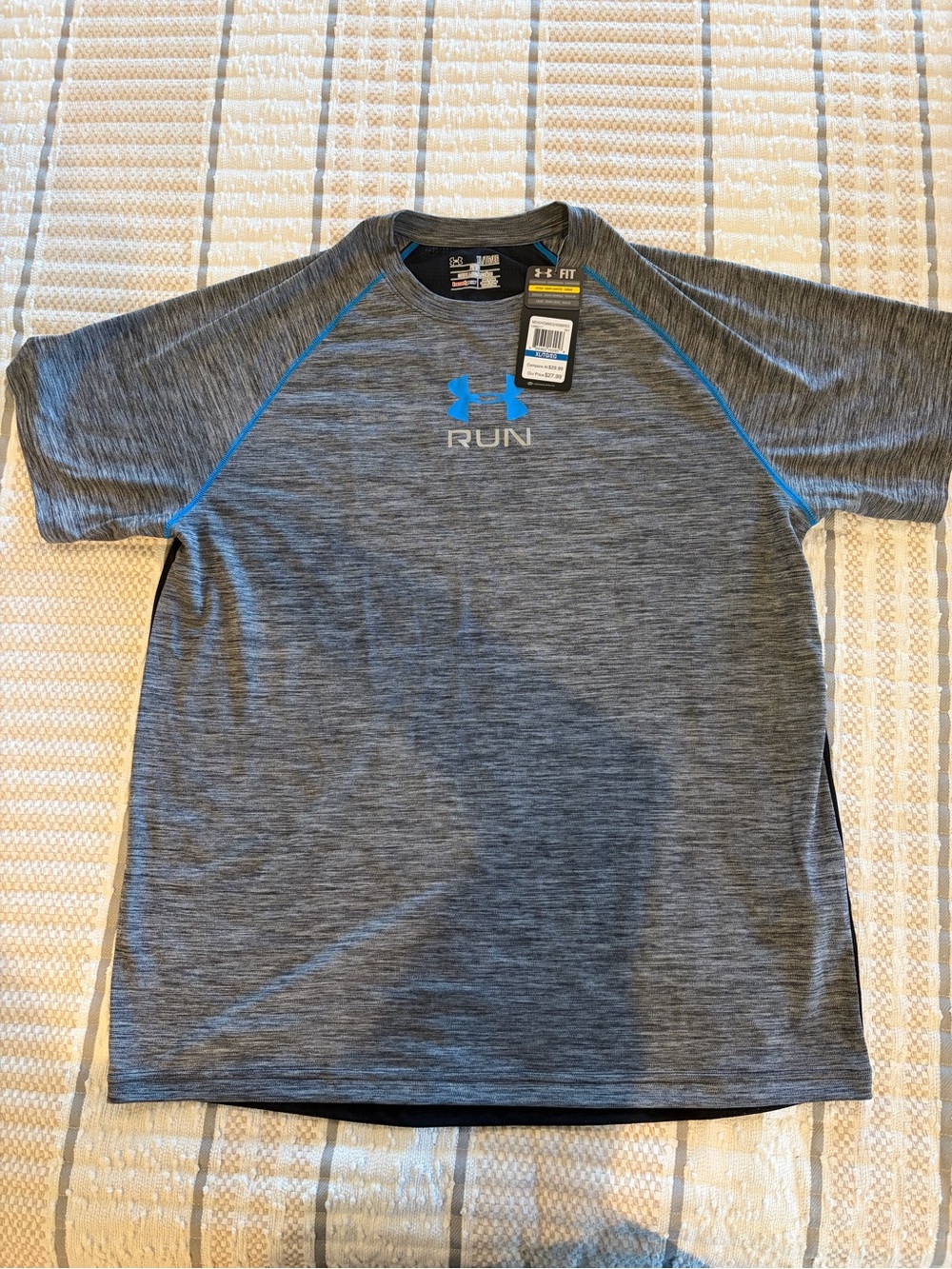Under Armour Men's Heat Gear Run Tech Short Sleeve Shirt - Gray/Blue